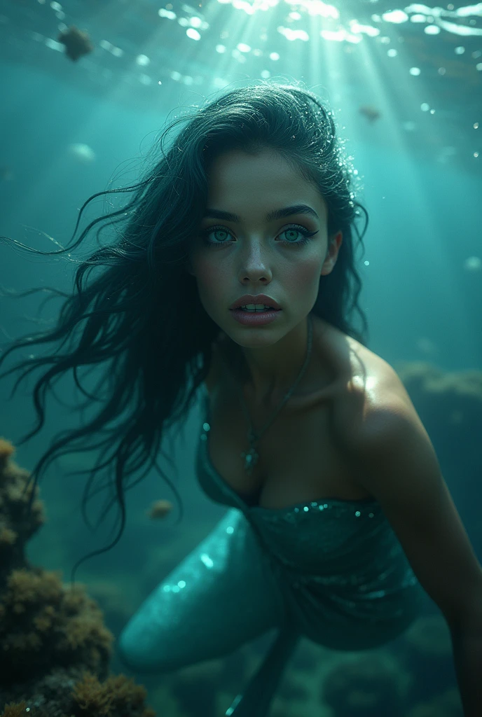 An image of a beautiful brunette mermaid with a blue tail