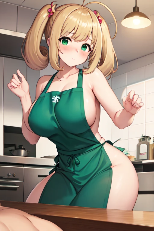 masterpiece, highest quality, Super detailed, figure, One girl, alone, View Viewer, shin Sato, Blonde Hair, Ahoge, Green Eyes, Short Twin Tails, indoor, 

masterpiece, best quality, ultra-detailed, illustration, 1girl, solo, looking at viewer, sato shin, blonde hair, ahoge, green eyes, short twintails, indoors, 
(((Naked with an apron)))、((Bust Focus))、((Big Breasts))、(Troubled face)、(Blushing)、(Sexual pose))), voluptuous, curvy, wide hips, lactating,