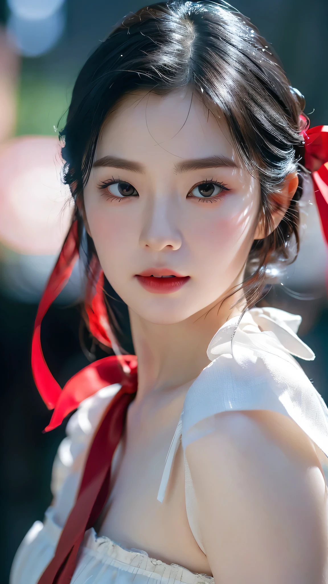 a beautiful young snow white, detailed portrait, face focus, red lips, black hair, red ribbon, pale skin, rosy cheeks, fantasy, high quality, 8k, detailed, photorealistic, glamorous, elegant, intricate, dramatic lighting, moody, cinematic, glowing skin, volumetric lighting, depth of field, realistic portrait, exquisite details, flawless