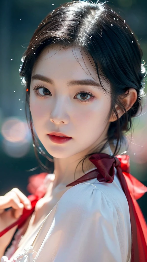 a beautiful young snow white, detailed portrait, face focus, red lips, black hair, red ribbon, pale skin, rosy cheeks, fantasy, high quality, 8k, detailed, photorealistic, glamorous, elegant, intricate, dramatic lighting, moody, cinematic, glowing skin, volumetric lighting, depth of field, realistic portrait, exquisite details, flawless