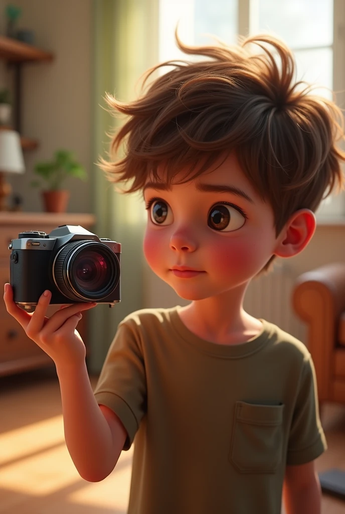 A little white kid injured in his wrist and showing it on camera but interested in the camera 