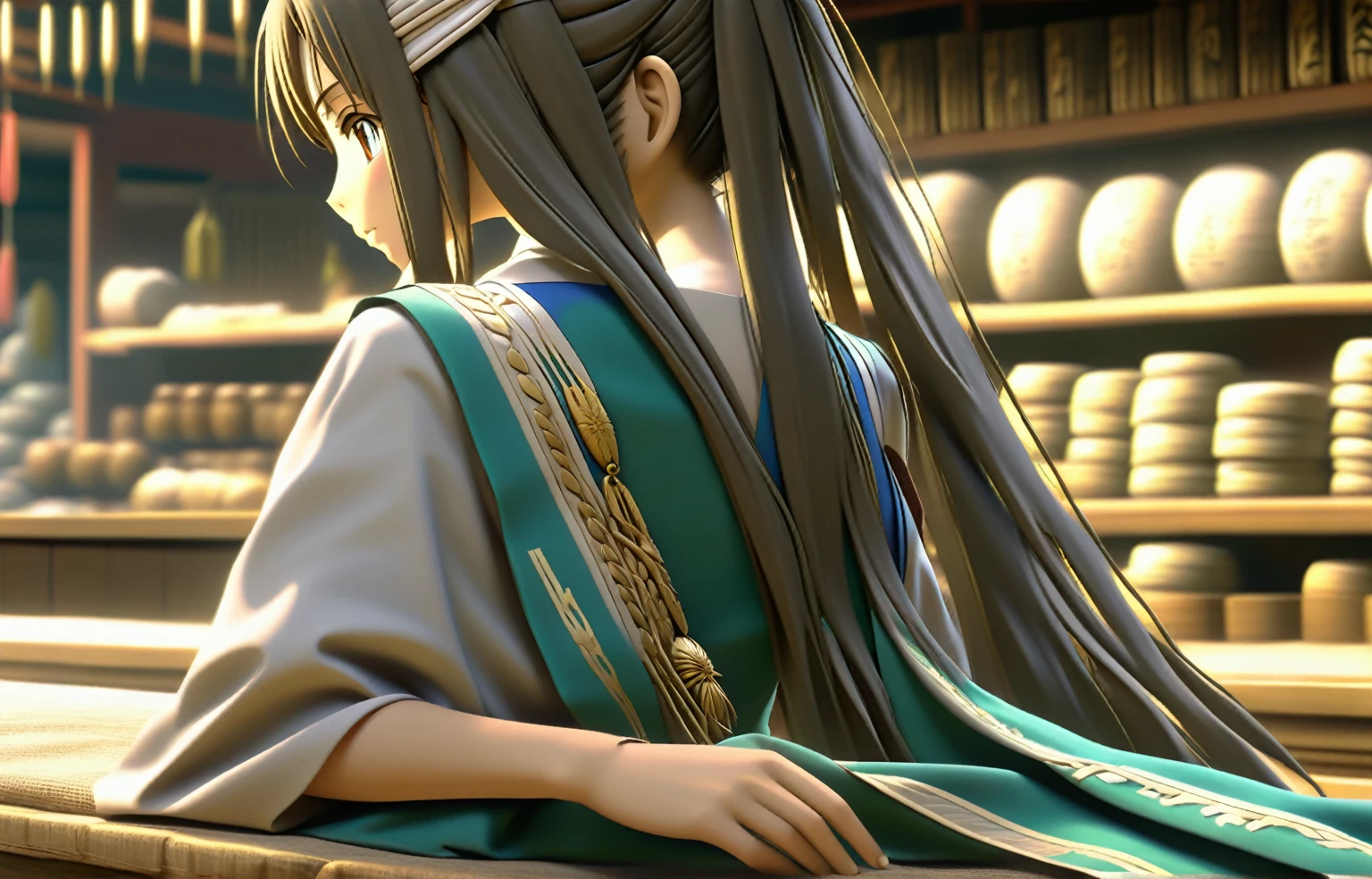 A poor womansat on a cloth store cash counter, beautifully dressed, in ancient times, 3D, realistic anime character, extremely detailed face and eyes, long flowing hair, intricate details, photorealistic, cinematic lighting, muted color palette, dramatic shadows, high quality, masterpiece, Looking at viewer, 