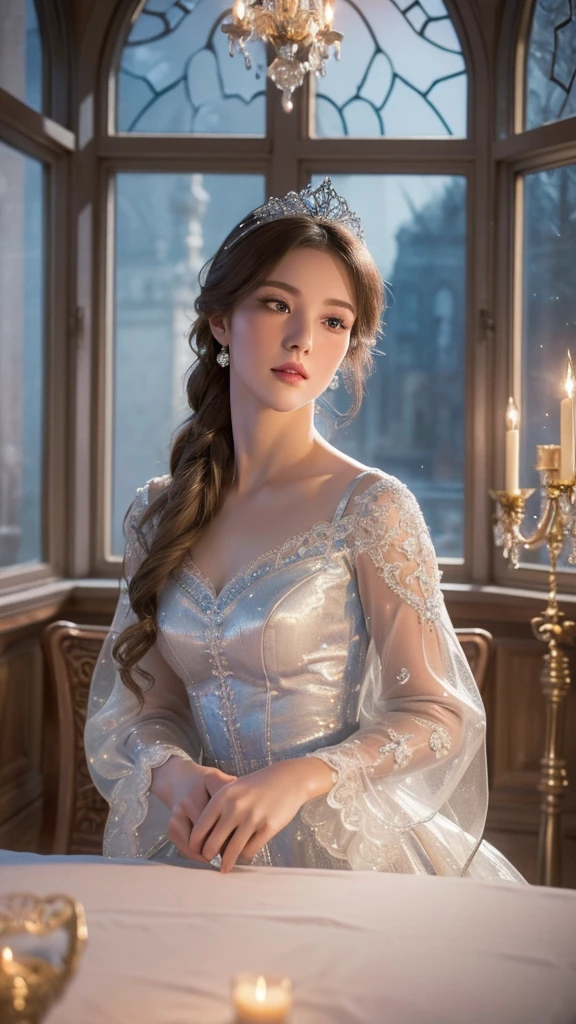 cinderella,1girl,beautiful detailed eyes,beautiful detailed lips,extremely detailed face,long eyelashes,beautiful flowing dress,glass slipper,castle interior,chandelier,moonlight through window,intricate details,ornate architecture,warm lighting,glowing magical aura,(best quality,8k,highres,masterpiece:1.2),ultra-detailed,(realistic,photorealistic:1.37),fantasy portrait