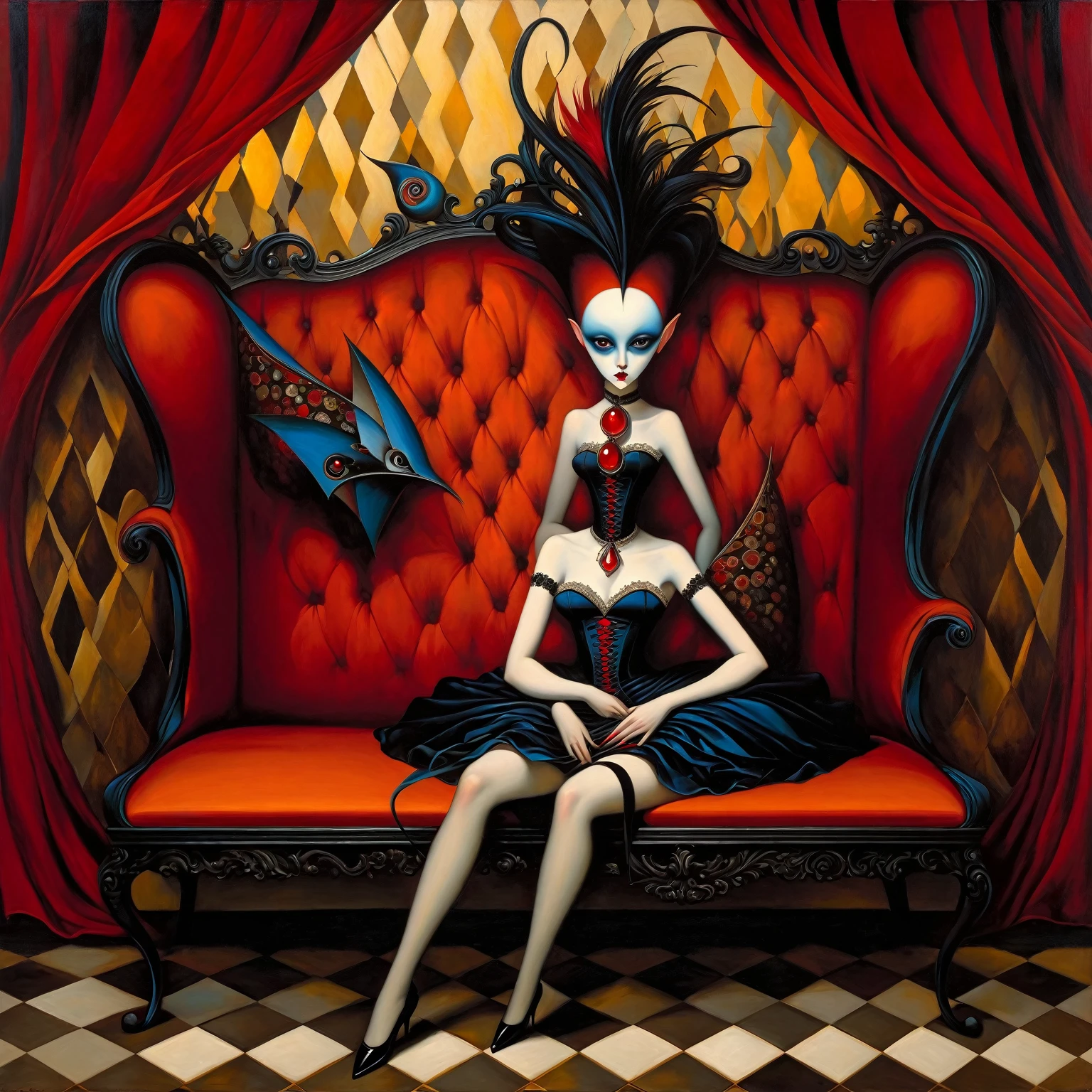 A very angry, evil French woman, with white skin, mahogany red hair, wearing a blue miniskirt, white gloves, luxurious jewelry, red sandals high heeled, pretty feet with black nails, is sitting in an armchair smoking a cigarette and exhaling smoke while resting her feet, on the Head of a child black, dirty, thin, starving and bleeding, dressed in dirty clothes, lying on the floor while crying with his mouth open.
At the back is an elegant and decorated room, with a lit fireplace.