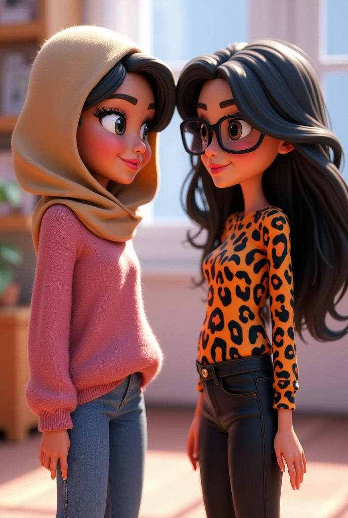there are two women bestfriend taking a studio photo. the woman on the left is sitting on a white block stand wearing a black hijab, a blue navy striped shirt, and black pants with her right leg stacked on the left. and wearing white framed sunglasses with black glass in a pose hugging the woman next to her from the side

and the woman on her right is sitting on a white block shorter than the woman on her left, wearing a black hijab, black overall pants and a white shirt with black stripes, wearing sunglasses with a pose showing teeth

change in cartoon animation