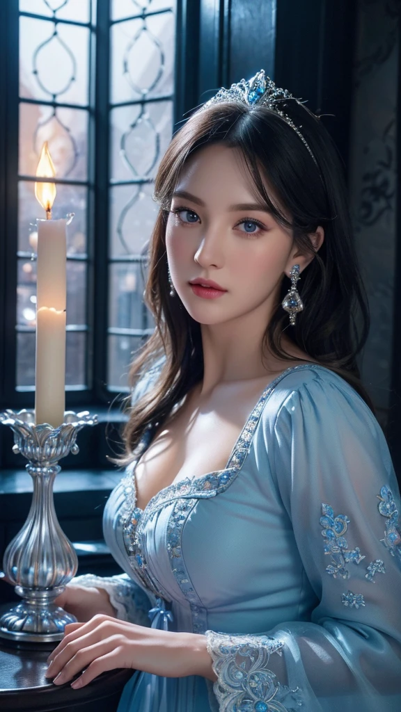 cinderella,1girl,beautiful detailed eyes,beautiful detailed lips,extremely detailed face,long eyelashes,blue dress,castle interior,chandelier,moonlight through window,intricate details,ornate architecture,warm lighting,glowing magical aura,(best quality,8k,highres,masterpiece:1.2),ultra-detailed,(realistic,photorealistic:1.37),fantasy portrait