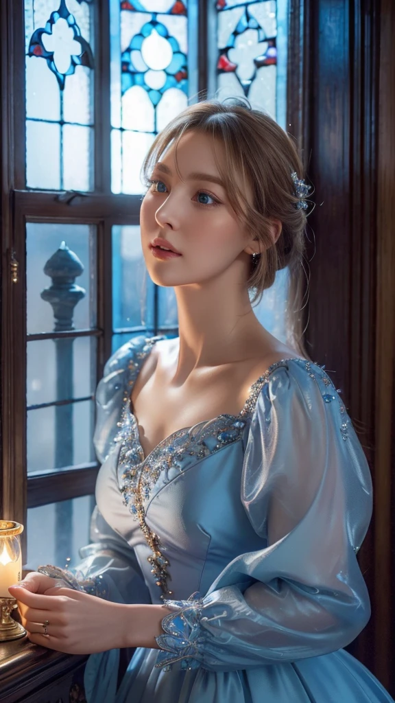 cinderella,1girl,beautiful detailed eyes,beautiful detailed lips,extremely detailed face,long eyelashes,blue dress,castle interior,chandelier,moonlight through window,intricate details,ornate architecture,warm lighting,glowing magical aura,(best quality,8k,highres,masterpiece:1.2),ultra-detailed,(realistic,photorealistic:1.37),fantasy portrait