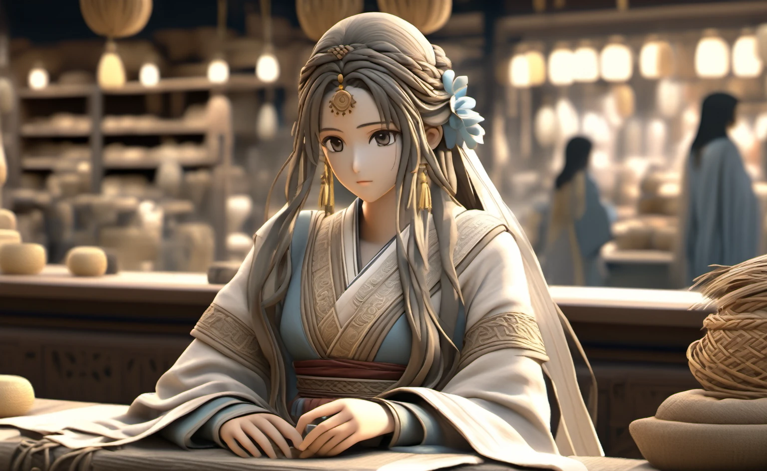 A poor womansat on a cloth store cash counter, beautifully dressed, in ancient times, 3D, realistic anime character, extremely detailed face and eyes, long flowing hair, intricate details, photorealistic, cinematic lighting, muted color palette, dramatic shadows, high quality, masterpiece, Looking at viewer, 