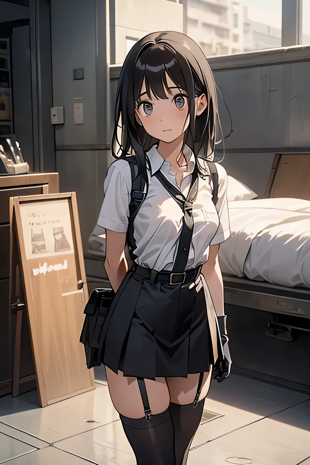 high quality, masterpiece, Ultra-high resolution, (Realism: 1.4), Oil painting style, Cinema Lighting, , I stood on the empty asphalt road and looked at it.., And suspenders with flying cranes Large Breasts Small face holster Lying in bed look up Sweat belt buzzer 脇Sweat Black Hole Gloves suit mini skirt garterbelt Leg Links Belt on trousers holster fold your hands behind your back Anxious expression look up Anxious face Knee-length Knee socks Knee-length socks garter belt garter Garterbelt on thighs, hands behind back Constraints handcuffs Cable ties Cable ties on thumbs