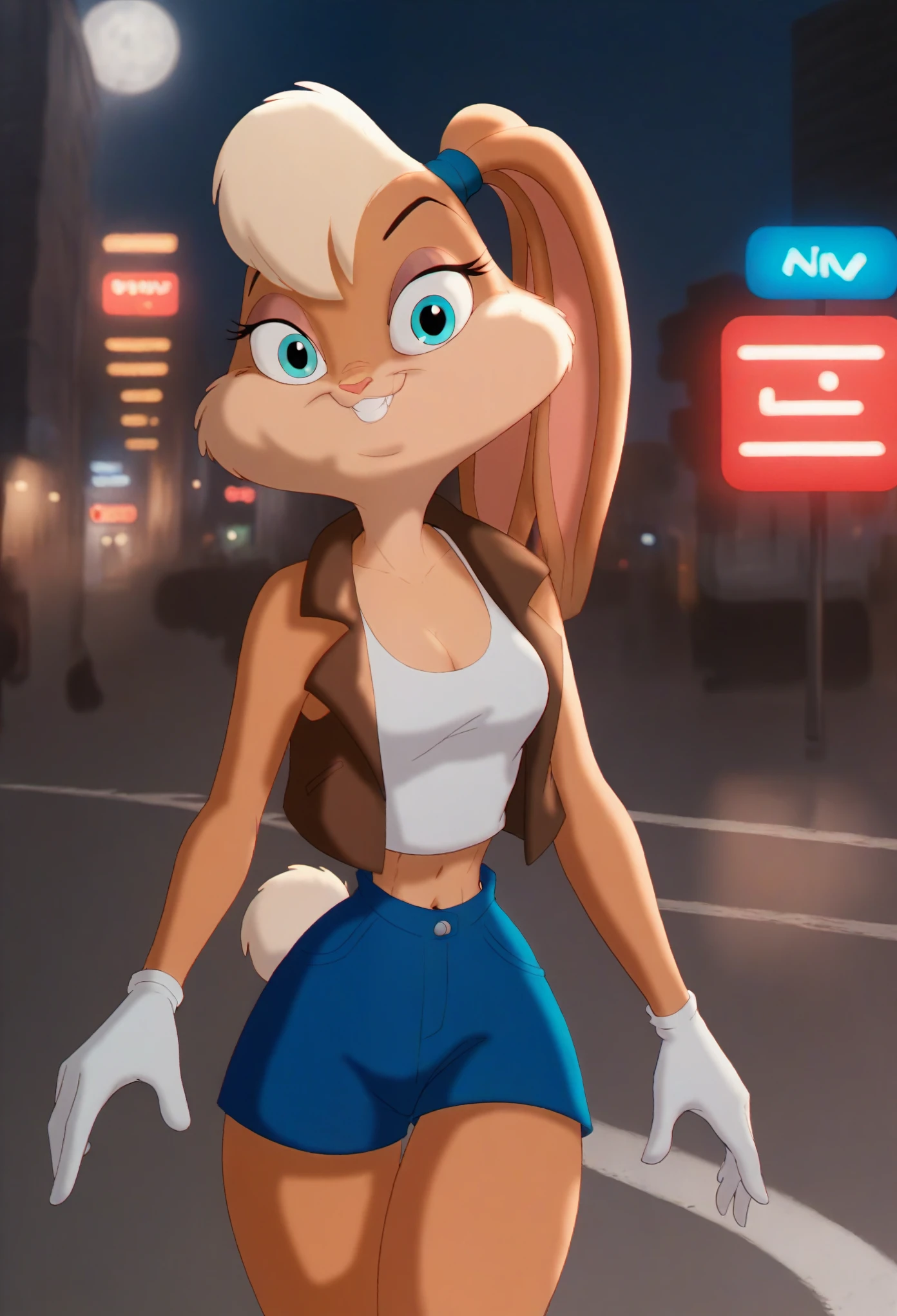 safe_pos, digital_media_(artwork), hi_res, score_9, score_8_up, score_7_up, score_6_up, score_5_up, score_4_up, furry, anthro, 1girl, feminine, female focus, Lola Bunny, alluring smile, leaning forward with playful energy, intense eye contact, detailed seductive eyes with bold eyeliner, windswept hair flowing dramatically, wearing a fitted sweater that clings to her figure, stylish ripped denim jeans, vibrant cityscape at night, neon signs reflecting on her fur, streetlights casting long shadows, urban glow, high-energy pose, her hand brushing her hair, vibrant electric colors, sleek and modern atmosphere, flirty yet confident demeanor