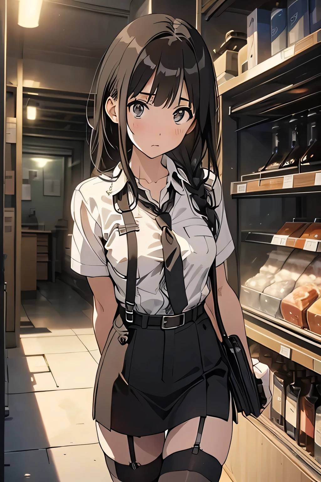 high quality, masterpiece, Ultra-high resolution, (Realism: 1.4), Oil painting style, Cinema Lighting, , I stood on the empty asphalt road and looked at it.., And suspenders with flying cranes Large Breasts Small face holster Lying in bed look up Sweat belt buzzer 脇Sweat Black Hole Gloves suit mini skirt garterbelt Leg Links Belt on trousers holster fold your hands behind your back Anxious expression look up Anxious face Knee-length Knee socks Knee-length socks garter belt garter Garterbelt on thighs, hands behind back Constraints handcuffs Cable ties Cable ties on thumbs