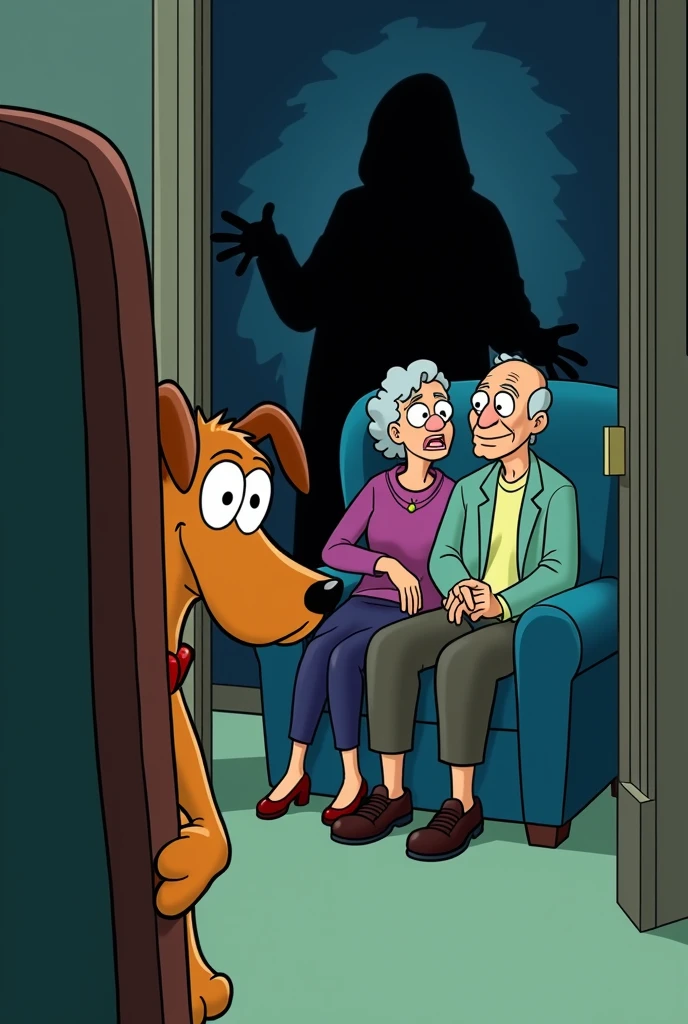 courage (from the drawing ''courage, the cowardly dog''), hidden behind a chair, watching Muriel and Eustace, who are sitting calmly, but ominous shadows form behind them, giving the impression that something sinister is about to happen.