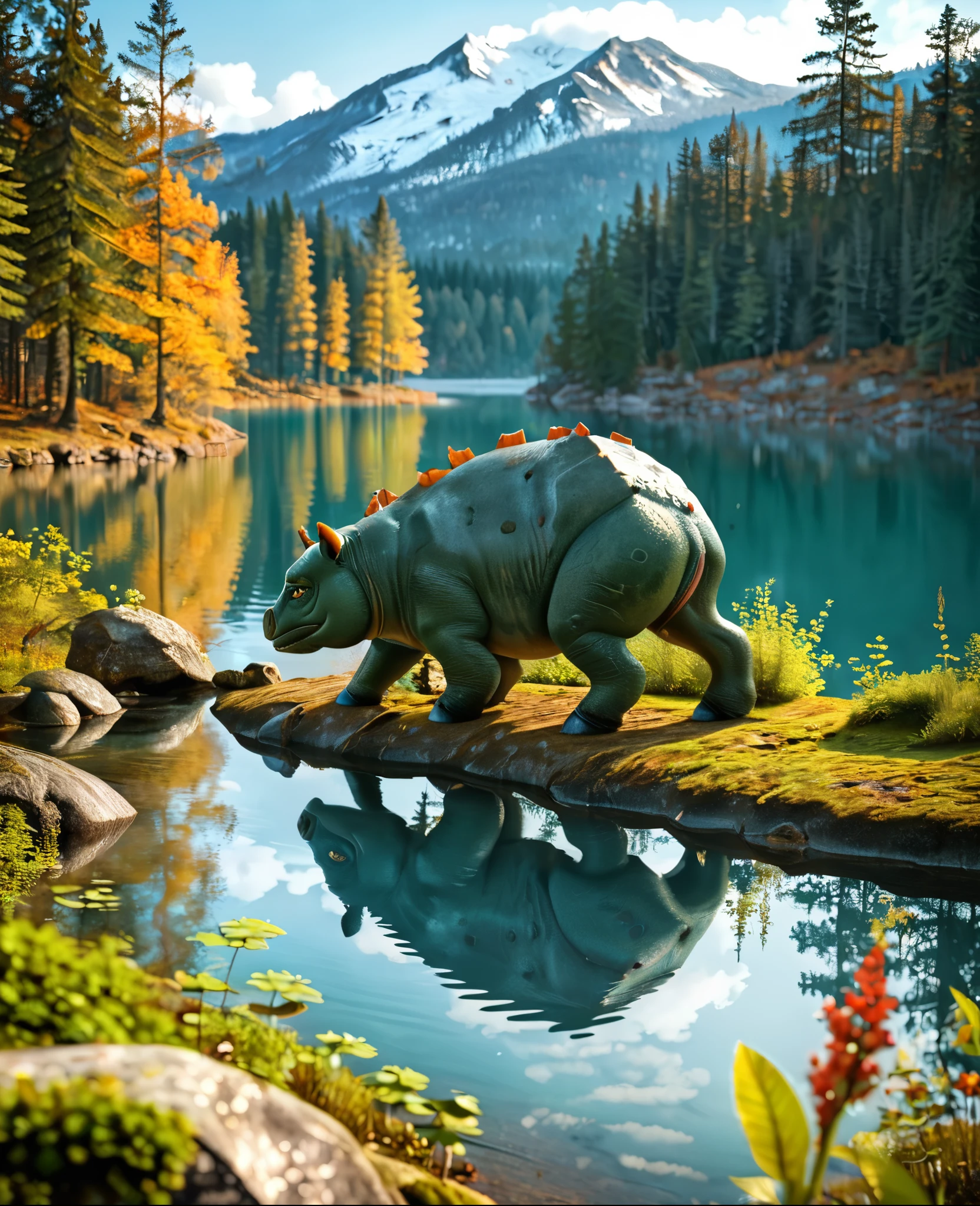 A realistic venusaur animal among the trees, forest lake, moss, cold weather, dark teal and amber, sony a7 iv, 4K, anatomically correct, masterpiece, high details, award winning, high quality, super detail, best quality