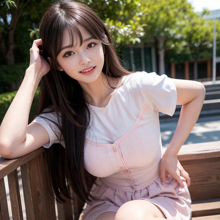 laughing out loud，(knee shot), 1 girl, long hair, Slender body type, Super thin face, face slimming, delicate lips, beautiful eyes, Thin blush, Eyes are light brown,Check it out here, (realistic:1.3), 8k, , Super detailed, high quality, best quality, High resolution, Nobunaga Girl,1 girl, Wearing a wooden board, AKB48 wear, .What underground idols wear, Moe girl, Large Breasts, Big , On campus