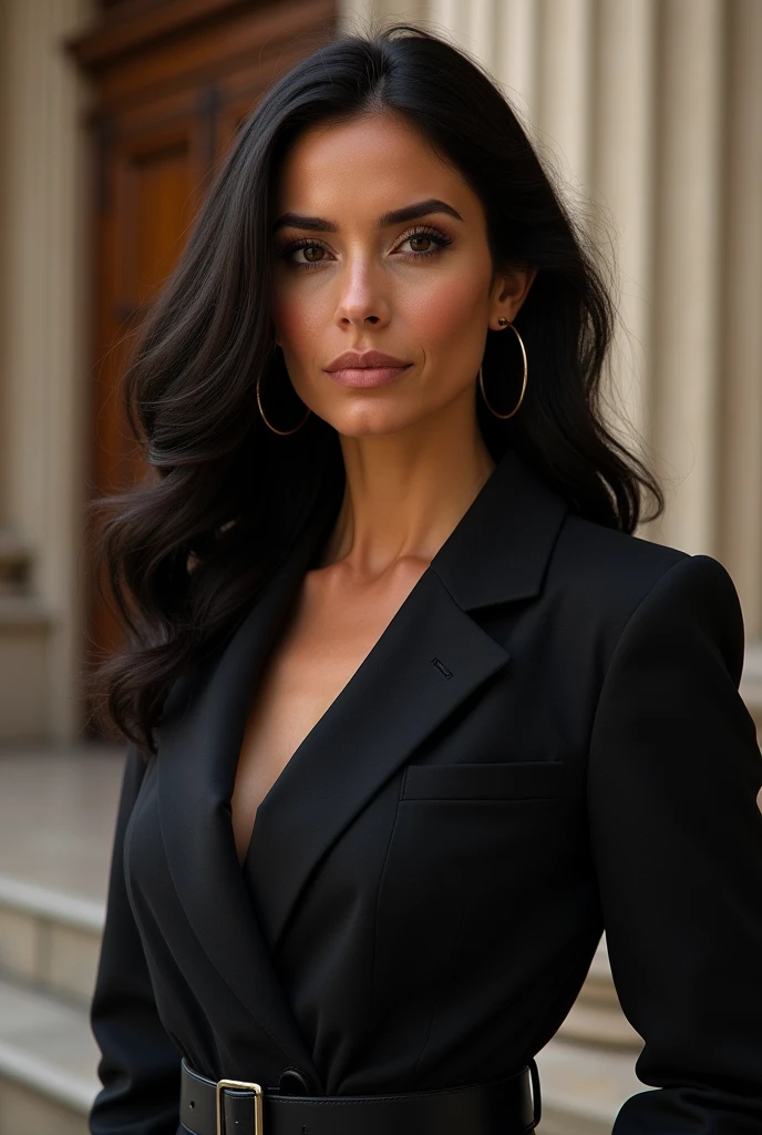 A woman with Brazilian features with a neutral background wearing a suit with discreet fine stitching enhancing her beauty