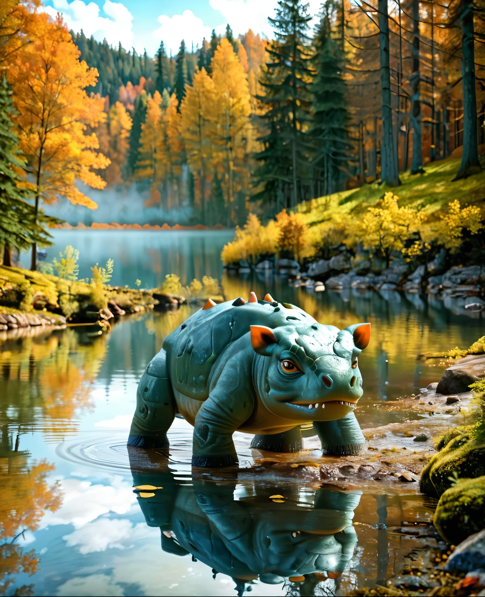 A realistic venusaur animal among the trees, forest lake, moss, cold weather, dark teal and amber, sony a7 iv, 4K, anatomically correct, masterpiece, high details, award winning, high quality, super detail, best quality