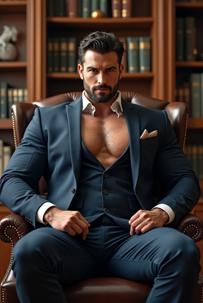 1 indian boy, Frank Grillo, solo, facial hair, 20 yrs old indian, sitting on chair with spread legs, full body in photo from head to toe, male focus, bara, muscular, muscular male, beard, short hair, thick eyebrows, brown-skinned male, thighs, formal suit, formal shoes, socks, dark skin, tie, full body in frame, thick thighs, looking at viewer, from above view, masterpiece, 4k, high quality, highres, absurdres,His perfect( big huge penis) is (coming out) of his pant,masterpieces, nudity, pornography, seductive, erotic, exotic