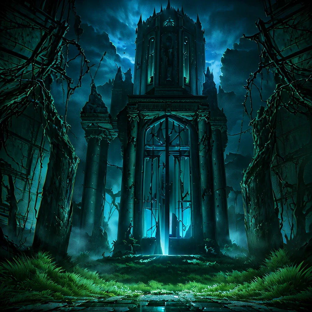 A dark and eerie anime-style horror scene, (best quality,8k,highres,masterpiece:1.2),ultra-detailed,(realistic,photorealistic,photo-realistic:1.37),dark fantasy, moody lighting, haunting atmosphere, abandoned building, crumbling walls, overgrown vegetation, ominous sky, atmospheric fog, dramatic shadows, glowing eyes in the darkness, gnarled tree branches, moonlight streaming through broken windows, shattered glass, unsettling stillness, sense of dread and unease, 1girl, beautiful detailed eyes, beautiful detailed lips, extremely detailed face, long eyelashes, fearful expression, tattered dress, cowering in the corner