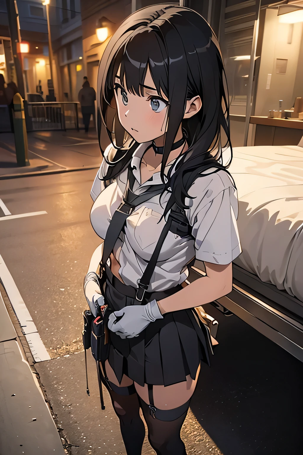 high quality, masterpiece, Ultra-high resolution, (Realism: 1.4), Oil painting style, Cinema Lighting, , I stood on the empty asphalt road and looked at it.., And suspenders with flying cranes Large Breasts Small face holster Lying in bed look up Sweat belt buzzer 脇Sweat Black Hole Gloves suit mini skirt garterbelt Leg Links Belt on trousers holster fold your hands behind your back Anxious expression look up Anxious face Knee-length Knee socks Knee-length socks garter belt garter Garterbelt on thighs, hands behind back Constraints handcuffs Cable ties Cable ties on thumbs