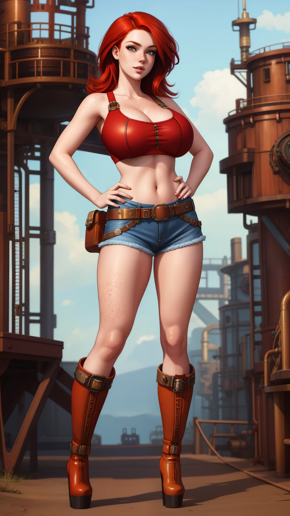 pretty red haired woman, white croptop, underboob, denim hotpants, gorgeous hair, full body shot, pretty face, high heels, engineer, freckles, steampunk, boots