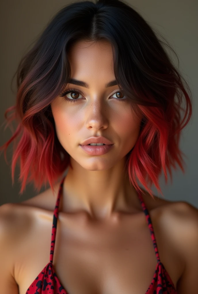 Anna, A beautiful spanish woman wearing halter dress, short hairs, red and black faded hairs, instagram model, waistup shot, no makeup