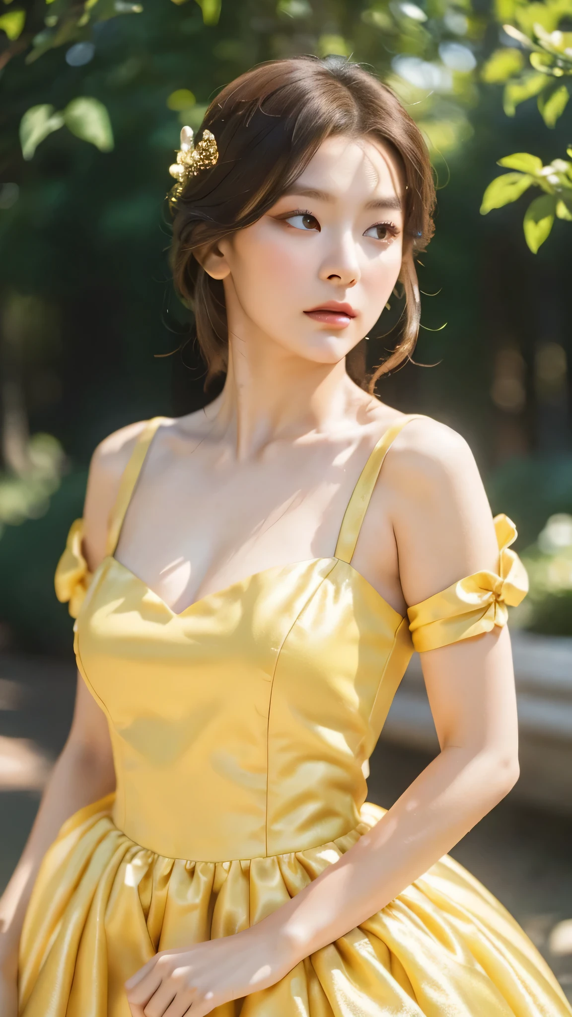 princess belle,yellow golden gown, brown hair, face  portrait,girl,beautiful detailed eyes,beautiful detailed lips,extremely detailed face,longeyelashes,elegant dress,fairy tale princess,whimsical,magical realism,fantasy,intricate details,soft lighting,cool color palette,cinematic lighting,digital art,vibrant colors,highly detailed,photorealistic,8k,best quality,masterpiece