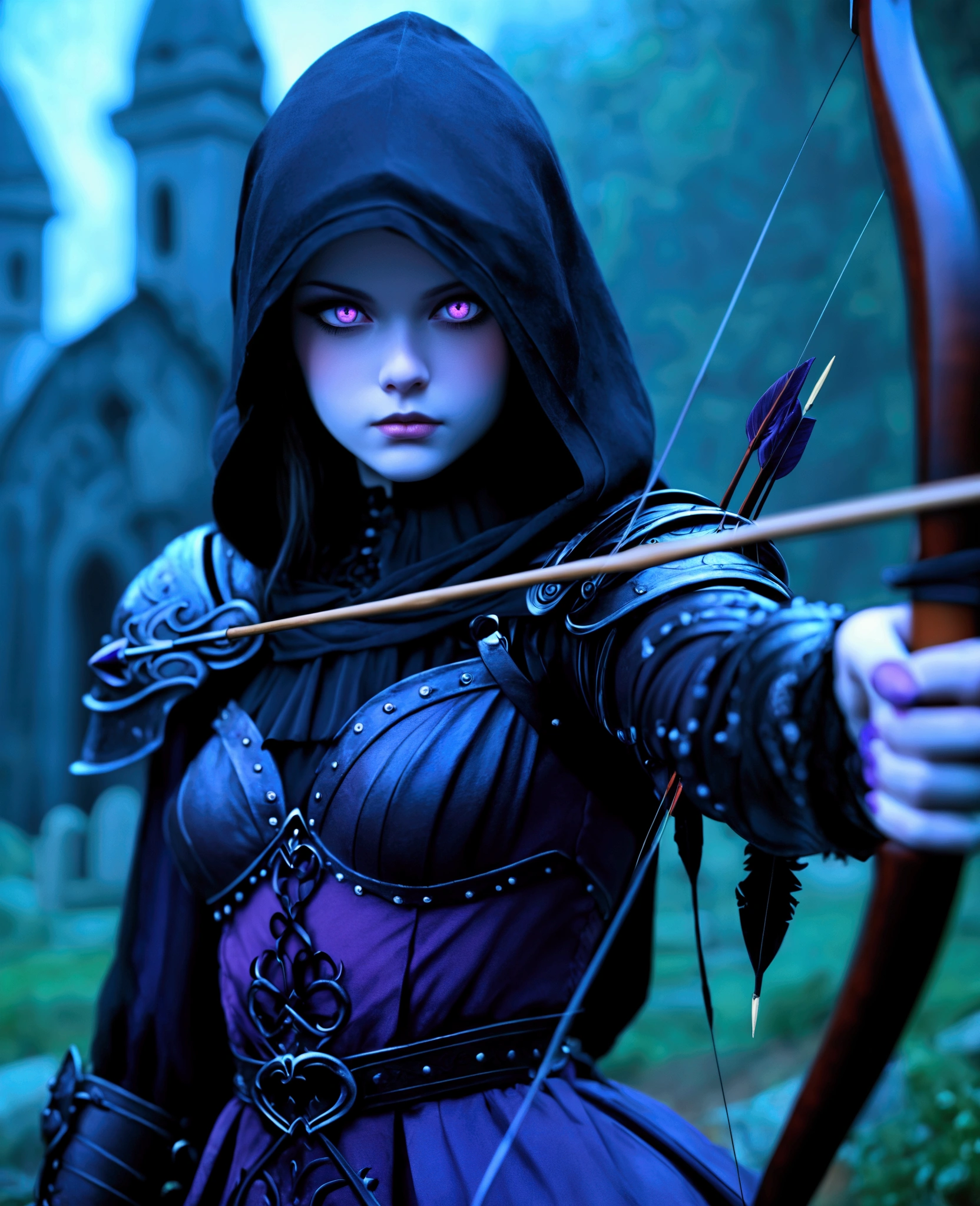 Digital artwork featuring a fantasy character in a dark, gothic style. The layout is centered on a figure with pale skin and striking purple eyes, partially obscured by a hood and a mask. The character is dressed in intricate, black, tattered armor, holding a large, ornate bow with an arrow drawn, ready to shoot. The background is blurred, with indistinct shapes that suggest a graveyard or battlefield, enhancing the dark and mysterious atmosphere. The overall color palette is dominated by shades of black, grey, and purple, contributing to the eerie and intense mood of the scene. anime, anatomically correct, super detail, high details, highres, 4K
