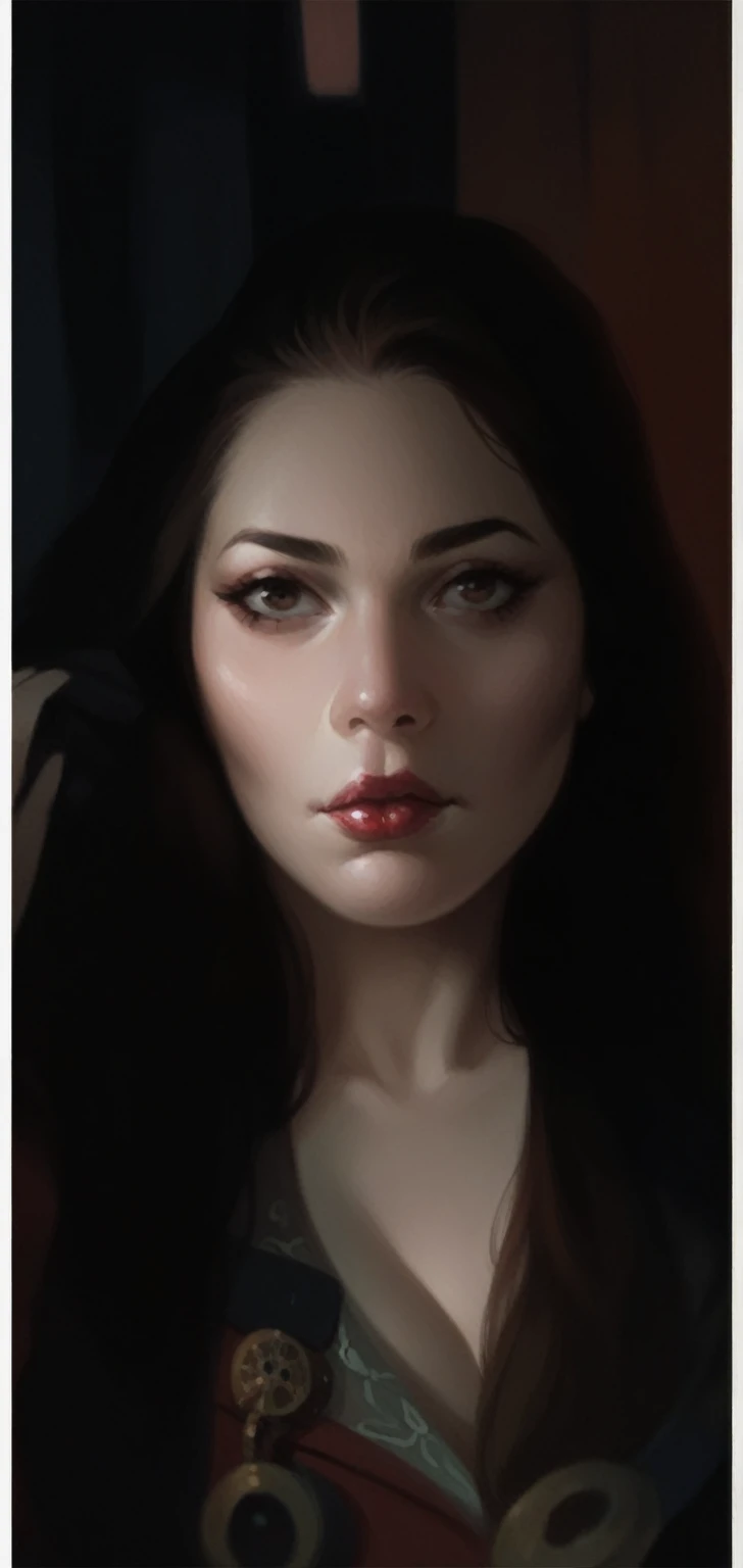 a woman with long black hair, beautiful detailed eyes, beautiful detailed lips, extremely detailed eyes and face, long eyelashes, serious expression, dull eyes, dead inside expression, gray eyes, majestic presence, wearing casual clothes, evil aura, colorful portrait, (best quality,4k,8k,highres,masterpiece:1.2),ultra-detailed,(realistic,photorealistic,photo-realistic:1.37),portraits,vivid colors,studio lighting