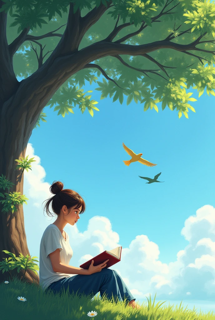 A women sitting under the tree and reading book watching the atmosphere which is clean sky and beautiful birds flying over it 