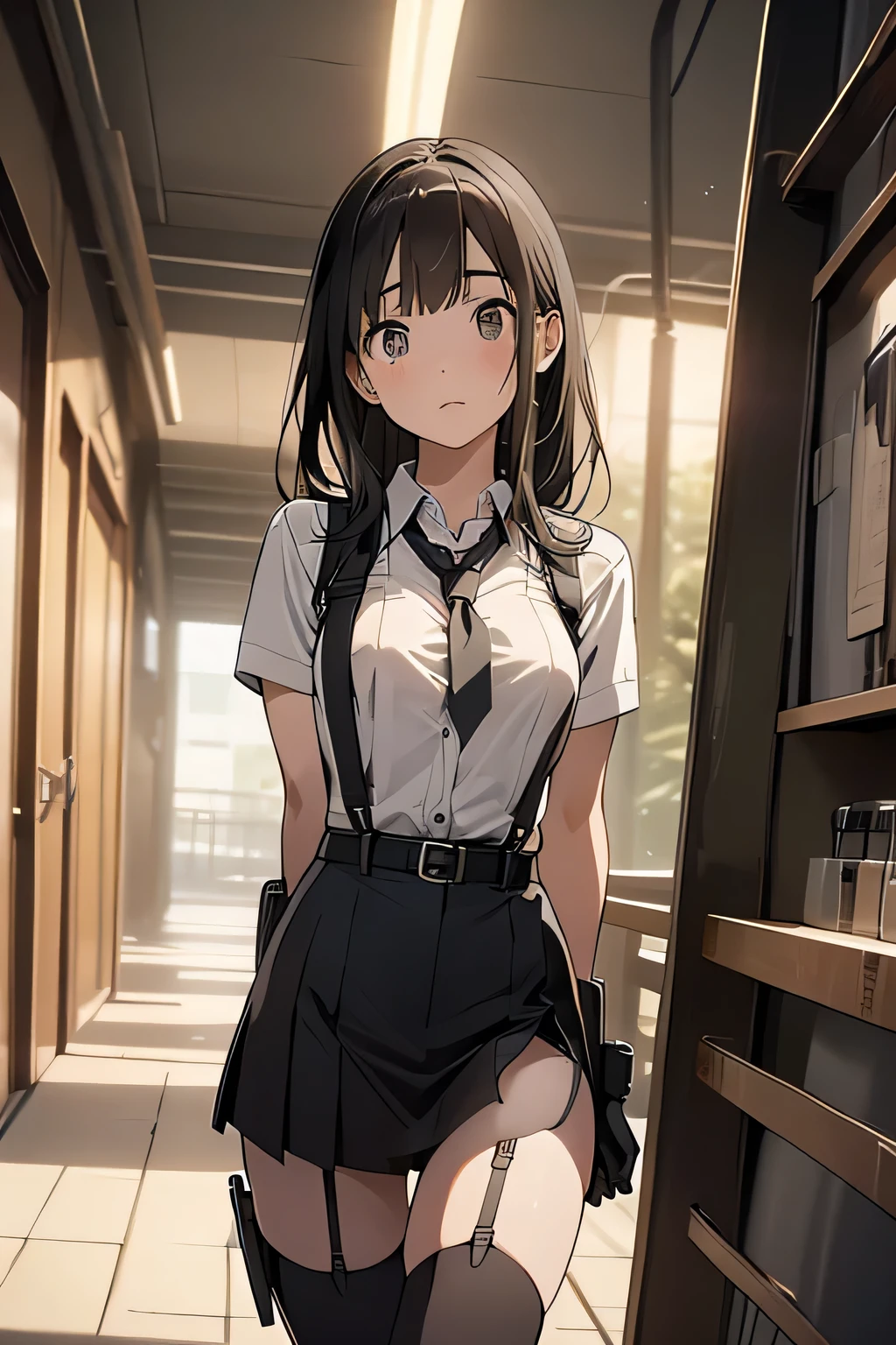high quality, masterpiece, Ultra-high resolution, (Realism: 1.4), Oil painting style, Cinema Lighting, , I stood on the empty asphalt road and looked at it.., And suspenders with flying cranes Large Breasts Small face holster Lying in bed look up Sweat belt buzzer 脇Sweat Black Hole Gloves suit mini skirt garterbelt Leg Links Belt on trousers holster fold your hands behind your back Anxious expression look up Anxious face Knee-length Knee socks Knee-length socks garter belt garter Garterbelt on thighs, hands behind back Constraints handcuffs Cable ties Cable ties on thumbs