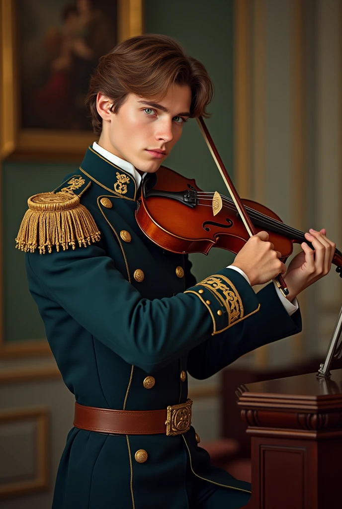 Impressionism, Manet,
The image showcases a young boy dressed in a military-style uniform, playing a flute. The uniform is predominantly black with red trousers, and he wears a gold-colored hat. The boy's expression is focused, and he seems to be in the middle of a performance. The artwork appears to be a painting, possibly from the 19th century, given the style and composition. The image quality is good, with vibrant colors and clear details.