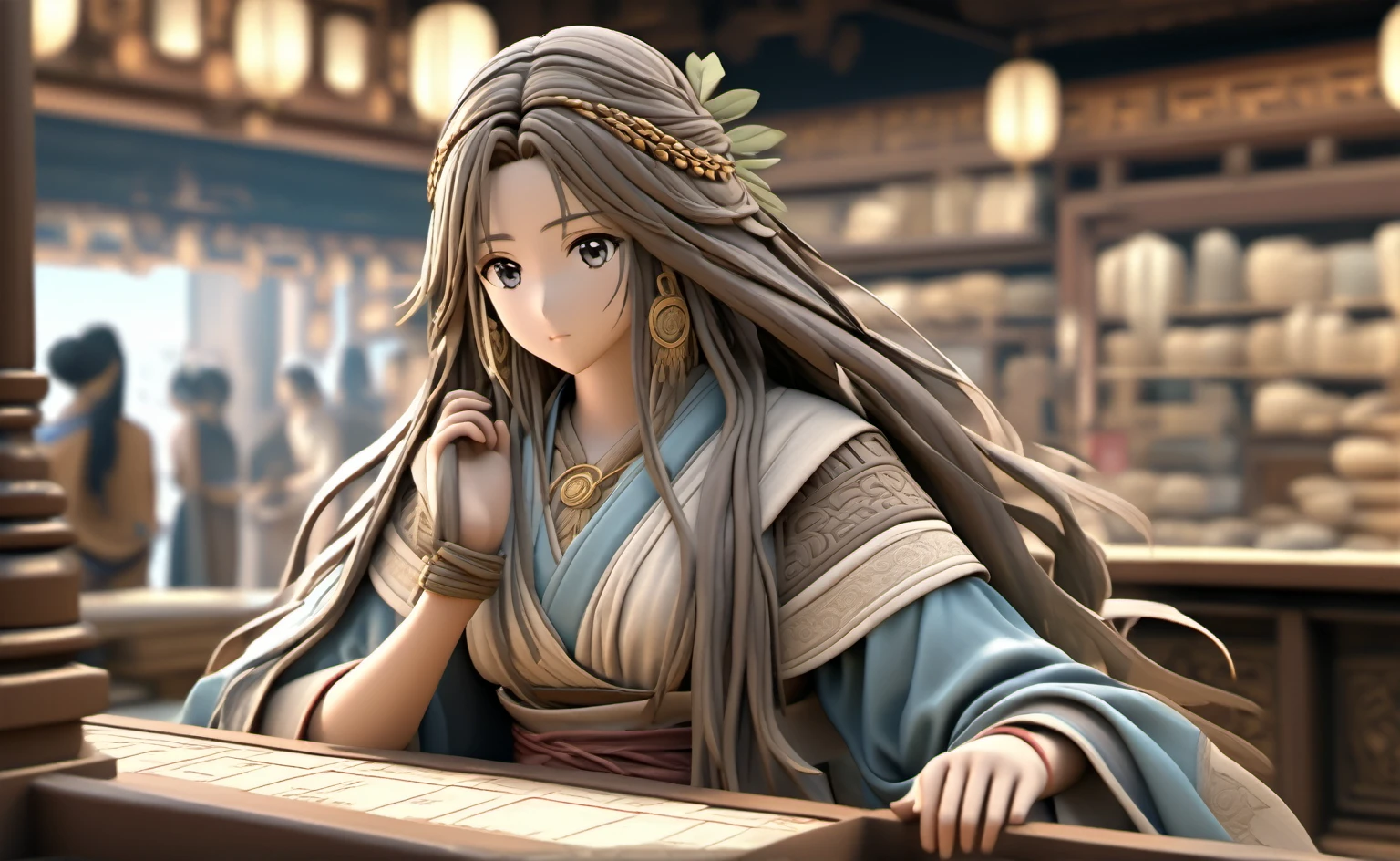 A poor womansat on a cloth store cash counter, beautifully dressed, in ancient times, 3D, realistic anime character, extremely detailed face and eyes, long flowing hair, intricate details, photorealistic, cinematic lighting, muted color palette, dramatic shadows, high quality, masterpiece, Looking at viewer, 