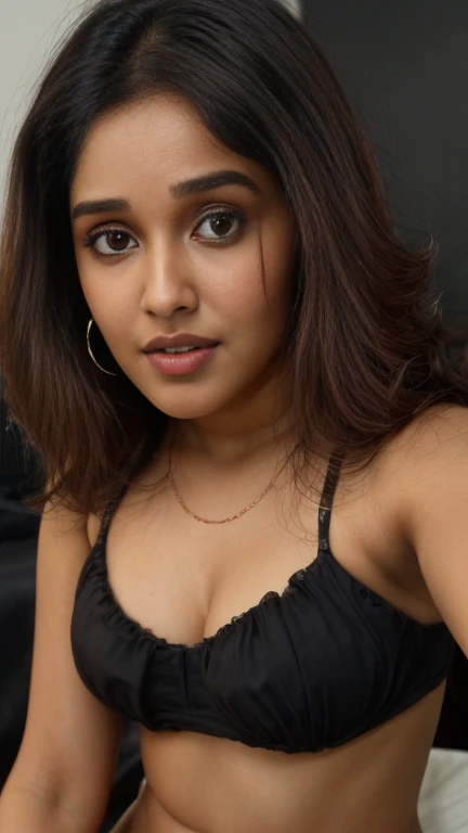 Half body portrait of anikhas,, unreal, wearing a black bikini, full sized image, ((french braid hair)), selfie point of view, chubby face, (selfie point of view), anikhas perfect face, black hair,(( trimmed thin eye brows)), beautiful face, combed hairn, top down view, long hair