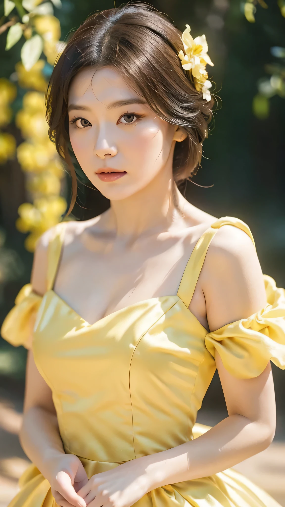 princess belle,yellow golden gown, brown hair, facial portrait,girl,beautiful detailed eyes,beautiful detailed lips,extremely detailed face,longeyelashes,elegant dress,fairy tale princess,whimsical,magical realism,fantasy,intricate details,soft lighting,cool color palette,cinematic lighting,digital art,vibrant colors,highly detailed,photorealistic,8k,best quality,masterpiece, bokeh