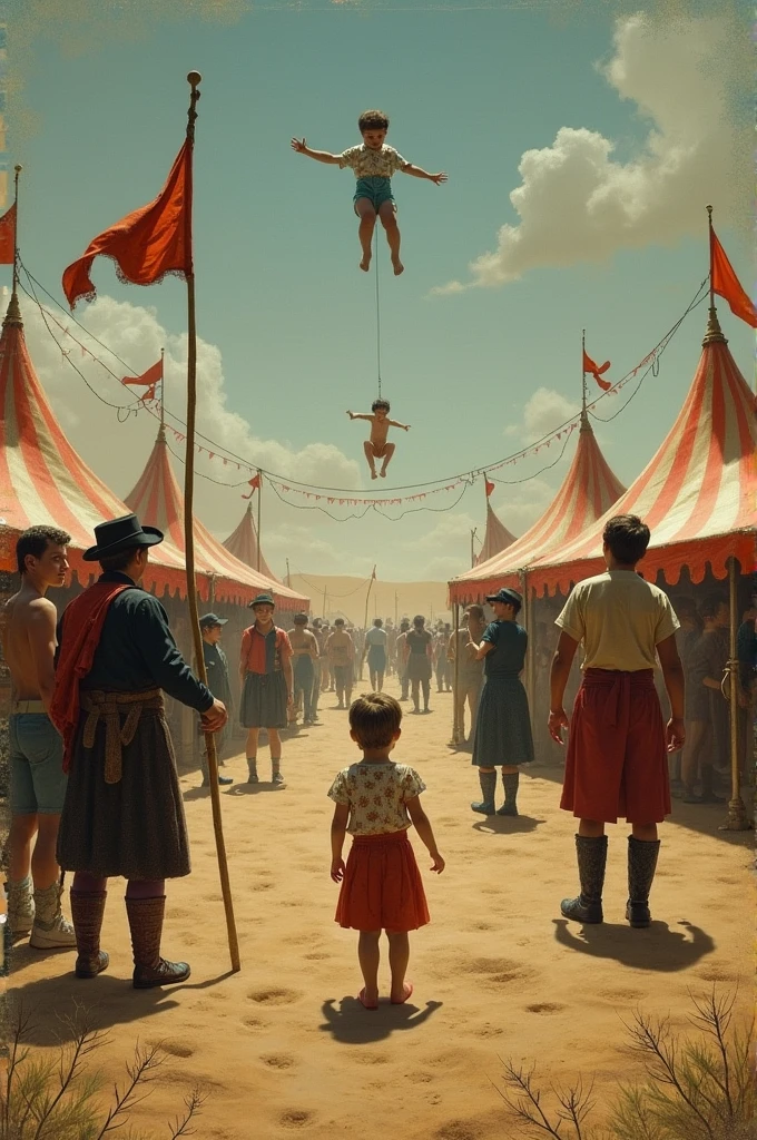 Surreal, vintage, low-contrast, and slightly eerie—a deserted circus bathed in the soft glow of a distant sunset. The scene feels like a dream sequence from a 1960s film, with mechanical performers frozen in time and tents that shimmer with ethereal light