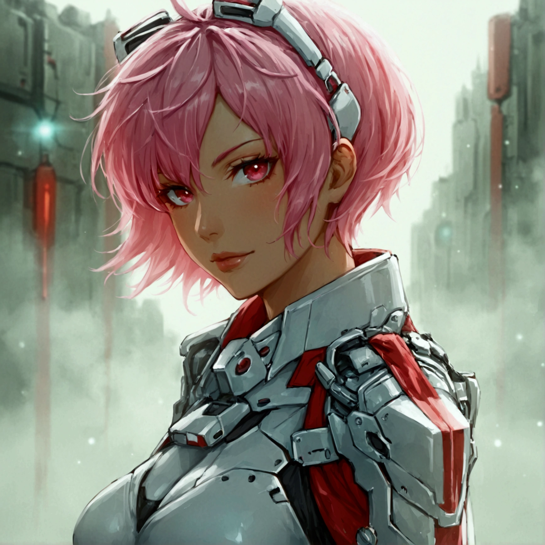 military outfit, white and red color scheme, futuristic details short pink hair with hair bow, full body , looking the viewer , with cape