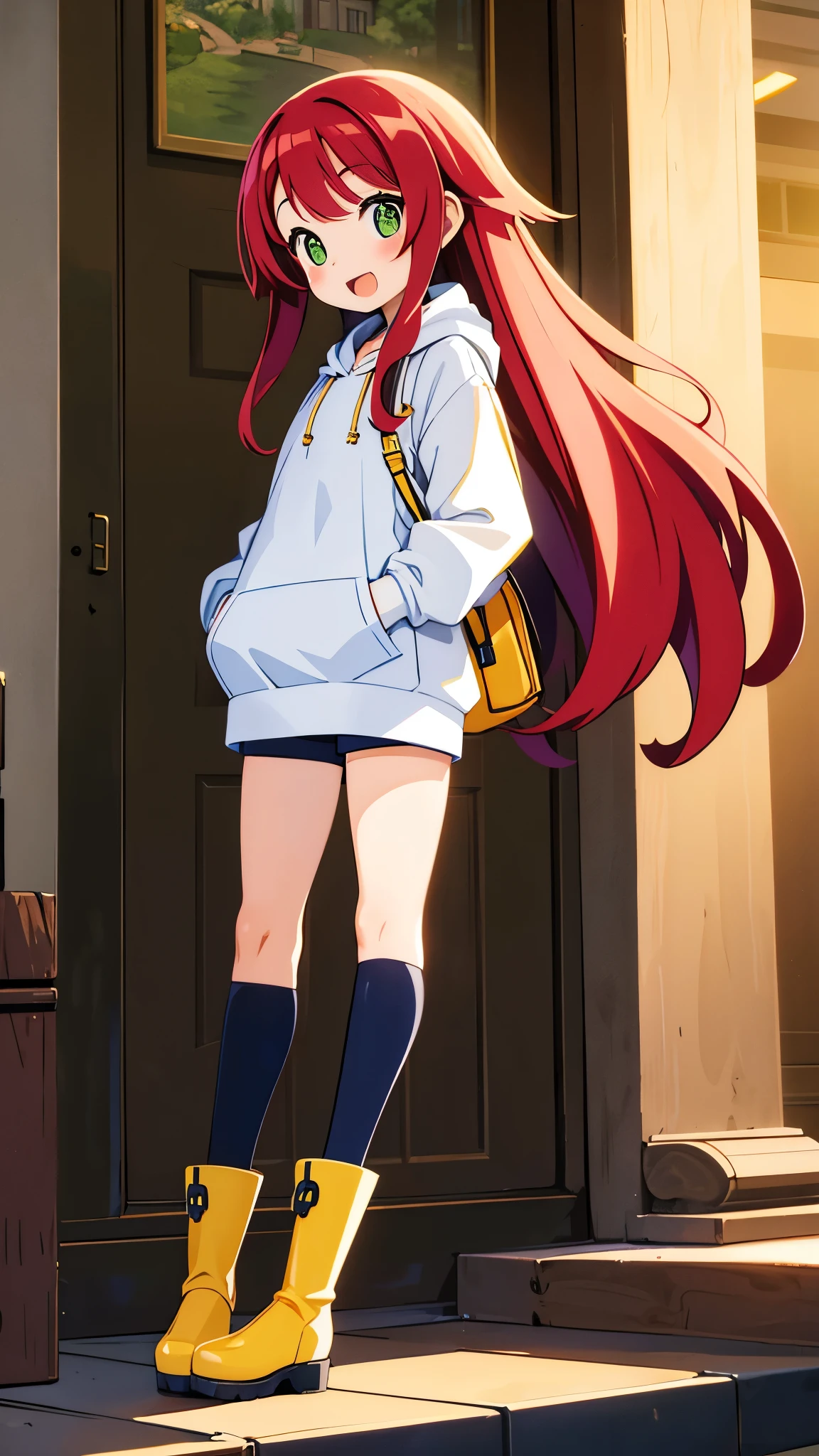 Child, young, baby face, chubby cheeks, smiling, slanted eyes, slightly open mouth, flushed cheeks, smooth bangs, smooth long hair, straight hair, small stray hairs, long sideburns, light red hair, yellow-green eyes, white pupils, slightly pale skin, baggy hoodie, yellow hoodie, green shorts, brown leather boots, navy blue knee-high socks, shoulder bag