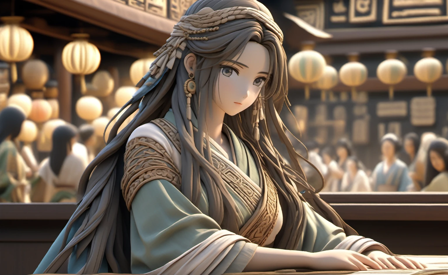 A poor womansat on a cloth store cash counter, beautifully dressed, in ancient times, 3D, realistic anime character, extremely detailed face and eyes, long flowing hair, intricate details, photorealistic, cinematic lighting, muted color palette, dramatic shadows, high quality, masterpiece, Looking at viewer, 