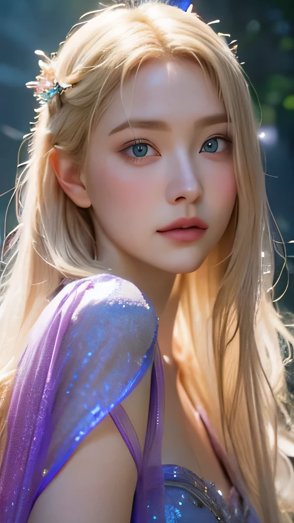 Rapunzel,purple gown, blonde hair, facial portrait,girl,beautiful detailed eyes,beautiful detailed lips,extremely detailed face,longeyelashes,elegant dress,fairy tale princess,whimsical,magical realism,fantasy,intricate details,soft lighting,cool color palette,cinematic lighting,digital art,vibrant colors,highly detailed,photorealistic,8k,best quality,masterpiece, bokeh
