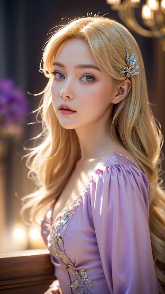 Rapunzel,purple gown, blonde hair, facial portrait,girl,beautiful detailed eyes,beautiful detailed lips,extremely detailed face,longeyelashes,elegant dress,fairy tale princess,whimsical,magical realism,fantasy,intricate details,soft lighting,cool color palette,cinematic lighting,digital art,vibrant colors,highly detailed,photorealistic,8k,best quality,masterpiece, bokeh