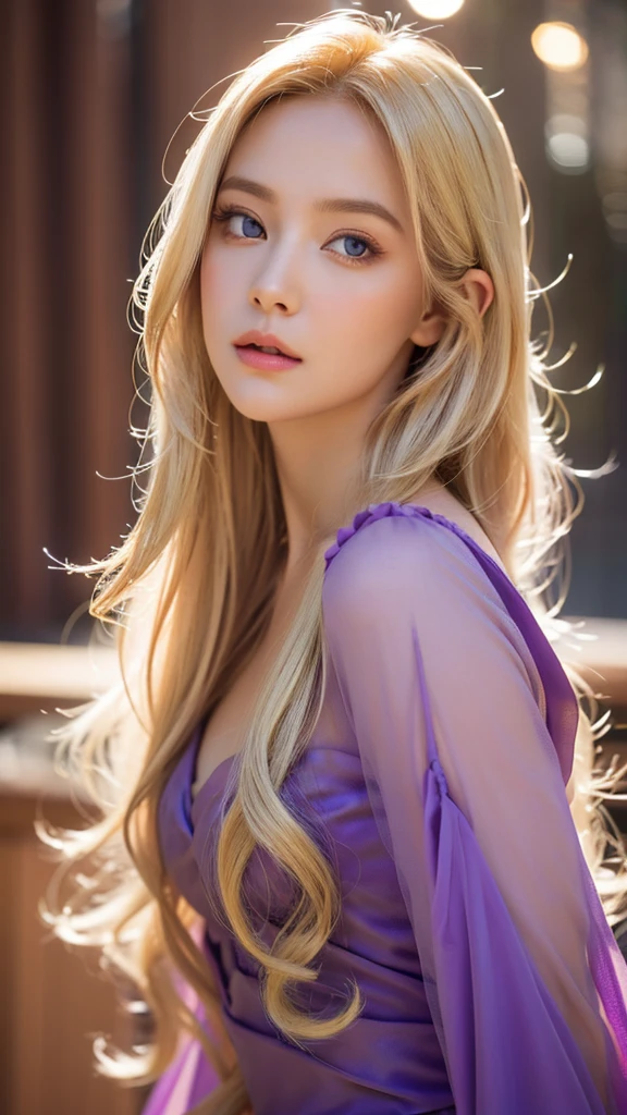 Rapunzel,purple gown, blonde hair, facial portrait,girl,beautiful detailed eyes,beautiful detailed lips,extremely detailed face,longeyelashes,elegant dress,fairy tale princess,whimsical,magical realism,fantasy,intricate details,soft lighting,cool color palette,cinematic lighting,digital art,vibrant colors,highly detailed,photorealistic,8k,best quality,masterpiece, bokeh