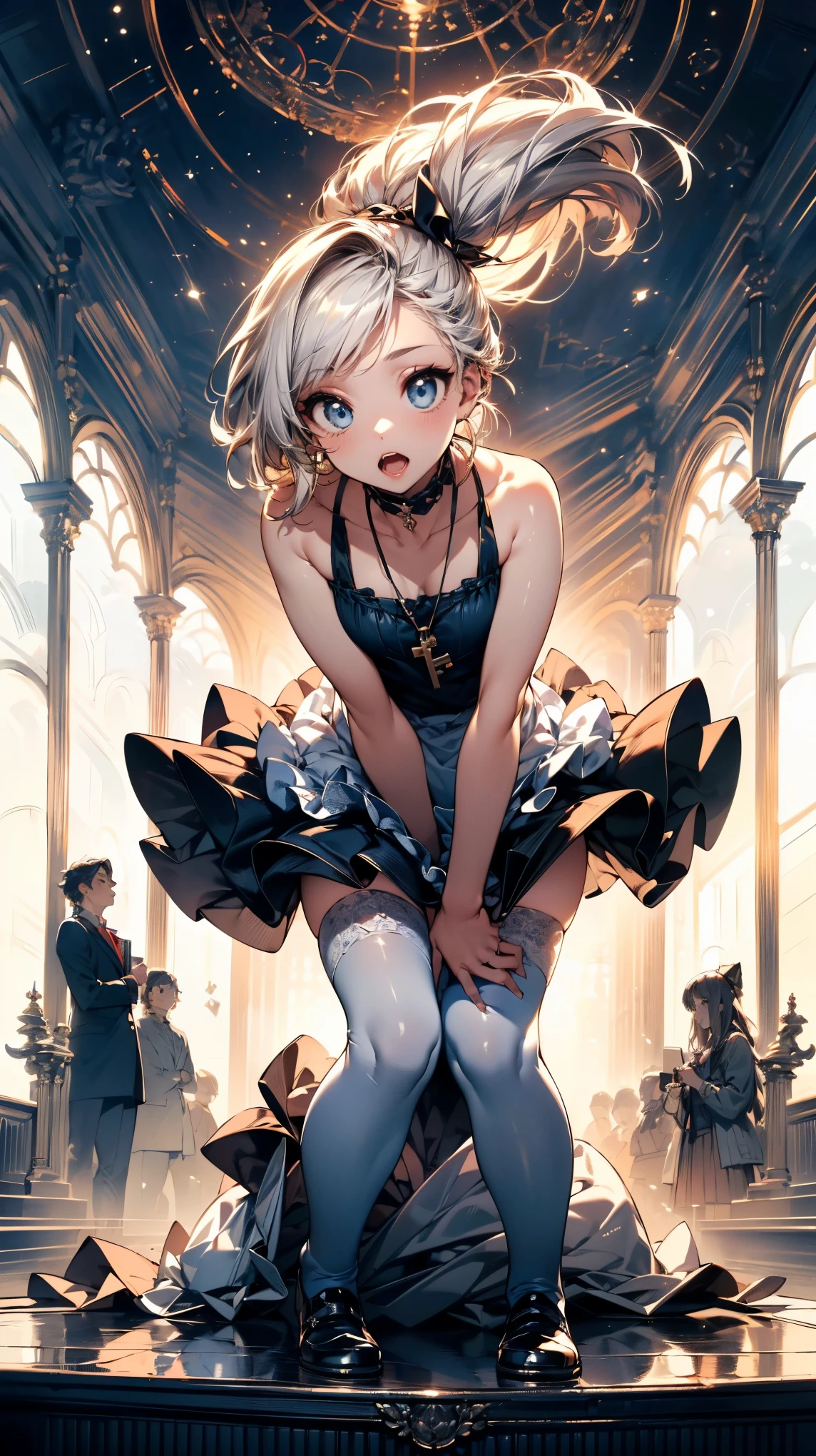 (((masterpiece))), (((best quality))), (((lace gloves))), ((vampire ballet)), ((dacing above railings)), ((tiptoe)), spiral stairs, red eyes, glowing eyes, blonde updo, white lace leotard, chiffon tutu, scrunchie, bloody stains, piano, night, candle, skylight, mansion Interior, dark fantasy, tyndall effect, ornate decorative windows, solo, 1girl, cute, sweat, cleavage, big tits, shy, blush, slim figure,<lora:girllikevampireballet:0.8>