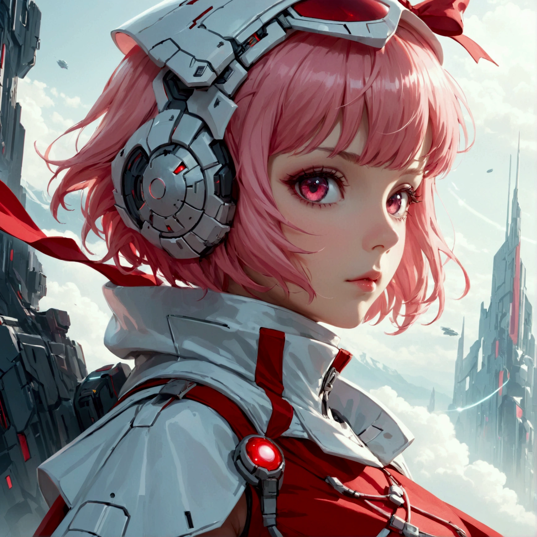 military outfit, white and red color scheme, futuristic details short pink hair with hair bow, full body , looking the viewer , with cape