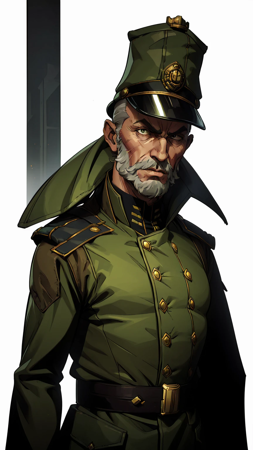 Futuristic style old male commissar, gaunt, thin, grey beard, bald, scared face, military flak vest, with dark green long trench coat over an intricate military uniform, ((large hat)), trench coat, saber, curissaer armor, scars, inquisitor, imperial soldier, ((upper body potrait)) taken from front, plain white background, standing