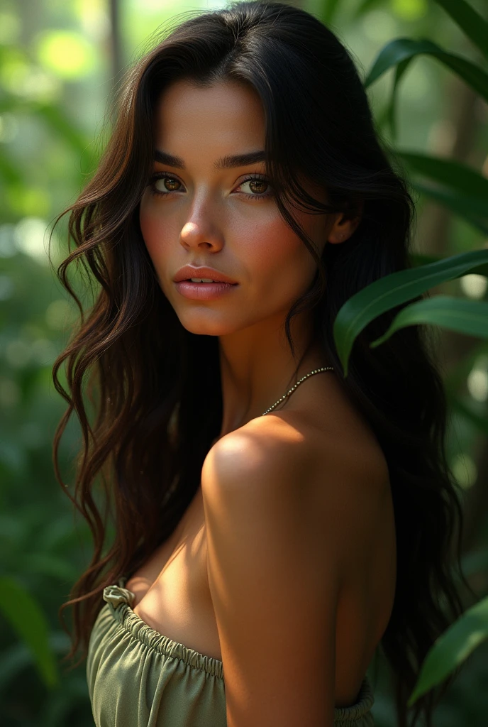 A Brazilian woman in a lush tropical garden, naked,  no clothing,with a close-up capturing the harmonious beauty between her breasts and the natural flowers, showing off your natural charm and outgoing personality.