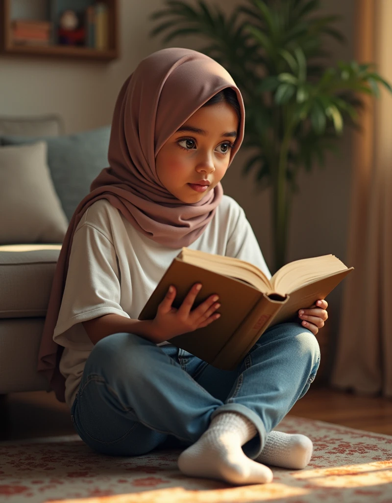 New Jersey, 1997. A little ((((10-year-old)) Prachi Gupta)), reading a book, ((((clothings from the 1990s)))), ((hairstyle of the 1990s)), colorful