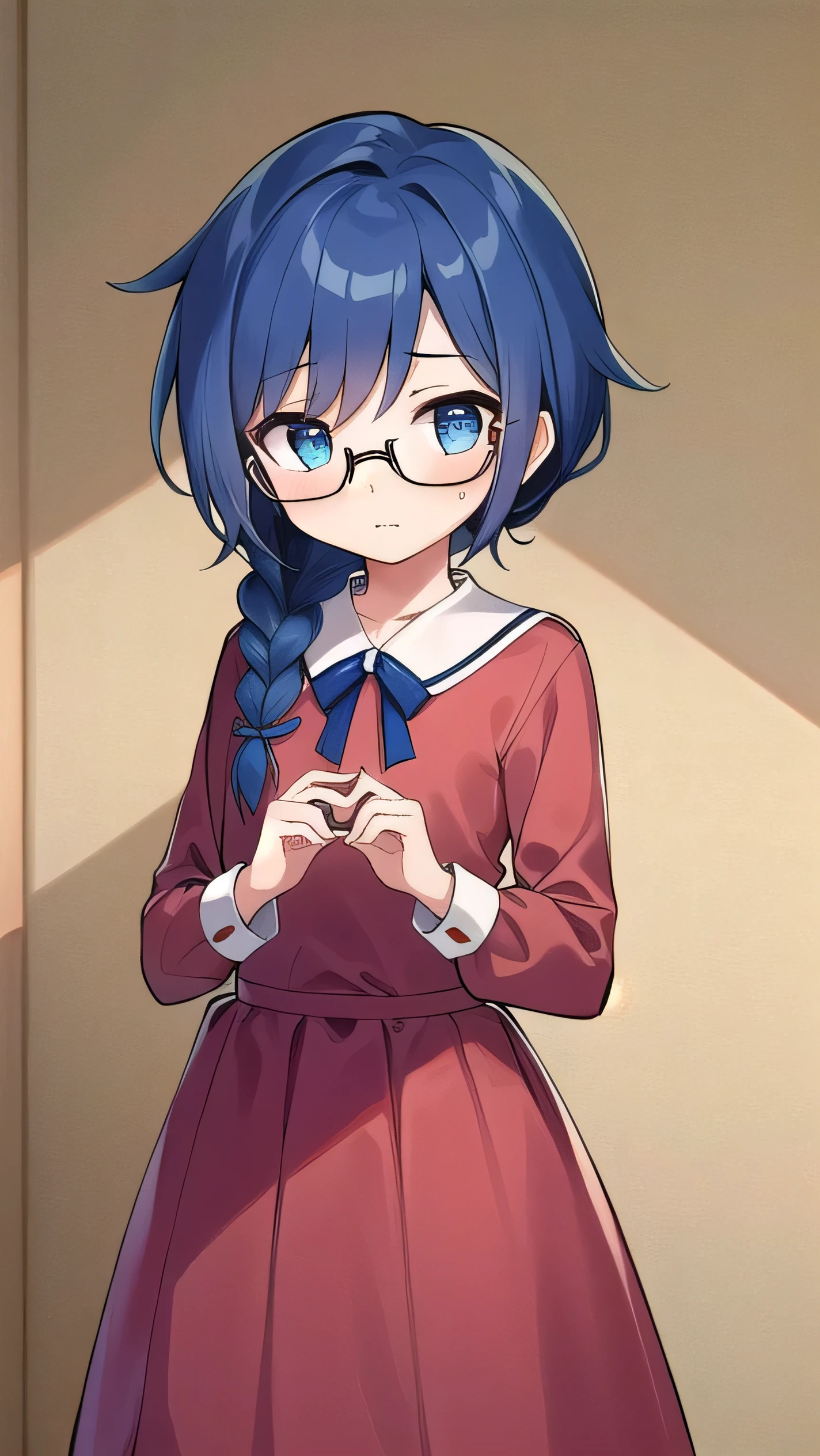 short, 12 years old, blue hair, single braid, blue eyes, round eyes, shy, shy, , short, young face, short height, , glasses with no edges,flat chest,1girl,long hair,Long sleeves, cute clothes, fancy clothes, long skirts,