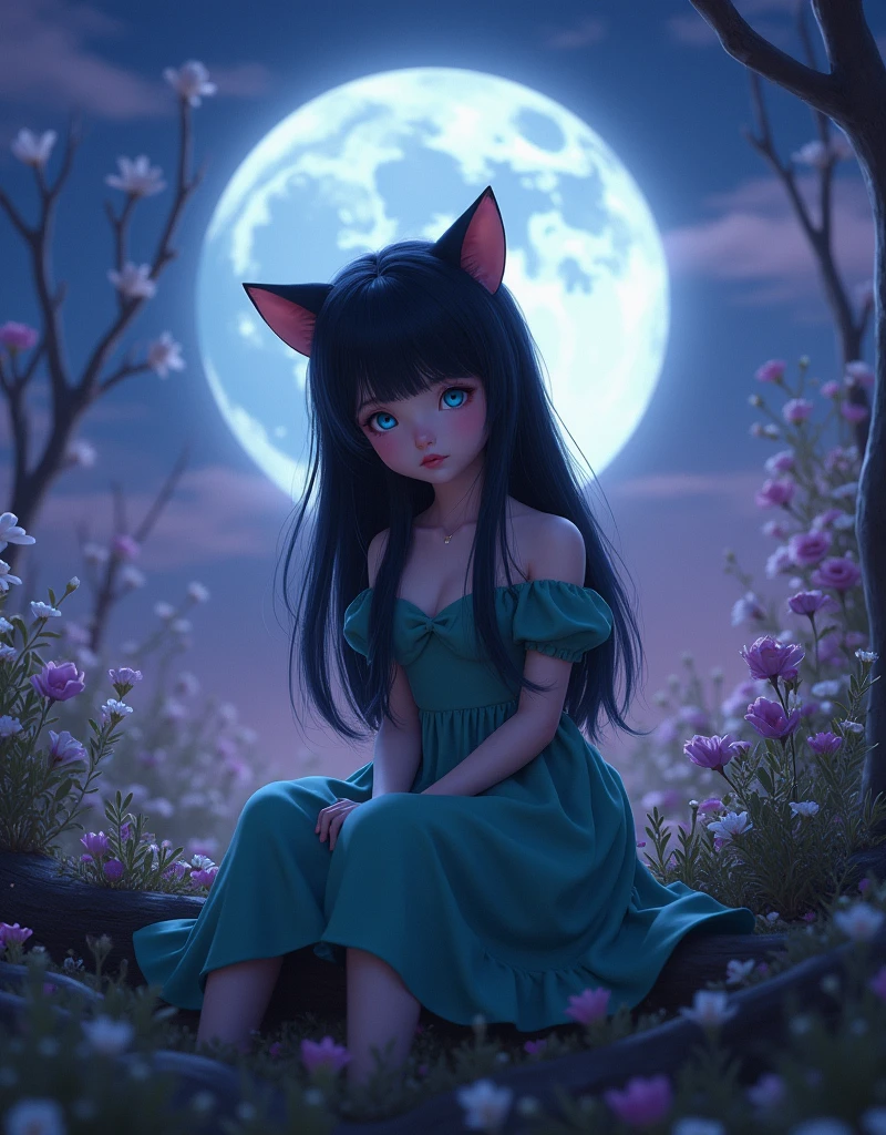 black cat girl, delicate facial features, shy expression, bright colors, fantasy, surreal, dreamlike, photorealistic, 8k, high quality, digital art, main color dark purple and light blue, tea skirt, front pics, moonlight in the clearing landscape, looking at the front, full body, sitting on some wood, Black long hair, sky blue eyes, dress color green,