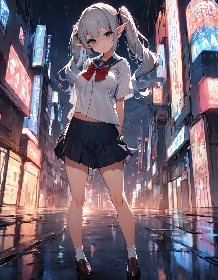 ((masterpiece)),((best quality)),((high resolution)),((8K)),1girl,solo,((yandere)),((school uniform)),((see through)),(twintails),(silver hair),(light blue eyes),((elf)),(loli face and big boobs:1.2),(diminutive:1.3),((ftont-view)),(full body),((standing)),((arms behind back)),BREAK,(shaded face),(empty eyes),(head tilt:1.2),outside,city,evening,rainy