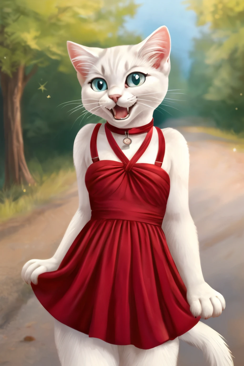 A white cat, dressed in a sweet red halter dress, stands by the side of a road, now filled with joy. Her sorrow has been replaced by happiness, and her eyes sparkle with heart-shaped pupils as she smiles brightly, completely overjoyed.